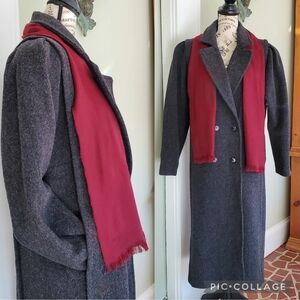 Vintage Full Length Charcoal Grey Wool Peacoat With Burgundy Scarf